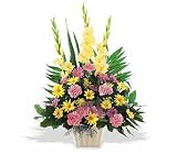 Sympathy Pink Carnations, Yellow Daisy Flowers Basket Warm Thoughts Arrangement