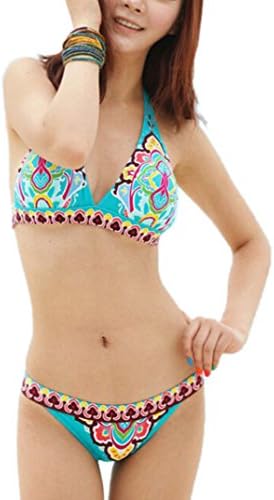 Moon Soul Flower Printing Push Up Top &amp; Triangle Bottom Women Swimwear Bikini Blue L