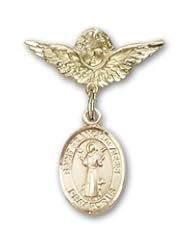 14K Gold Baby Badge with St. Francis of Assisi Charm and Angel with Wings Badge Pin