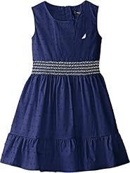 Girls Scoop Neck Gathered Shirred Cotton/Polyester Striped Print Dots Print  Dress