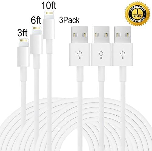 Lorima 3PCS (3+6+10)ft Lightning Cable Popular Extra Long USB Cord Charging Cable for iphone7,7plus, SE, 6s, 6s plus, 6plus,6,se,5s 5c 5,iPad Mini, Air,iPad5,iPod (white).