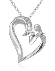 Womens Sterling Silver, Diamond, Mother and Baby Heart Pendant Necklace, (0.02 cttw, I-J Color, I2 Clarity), 18"