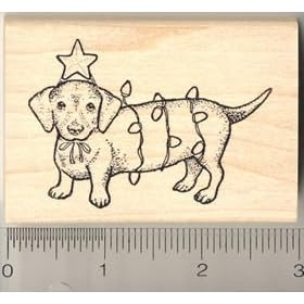 Christmas Dachshund with Lights Rubber Stamp - Wood Mounted