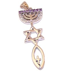 Messianic Seal with Purple CZ stones- Style IX - Sterling Silver (4.4 cm or 1.73" w/o loop ) - Comes with Silver box chain