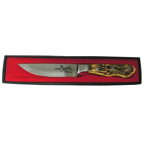 4 Pc Buck Stag Steak Knife in Box With Blade Etched Deer by 