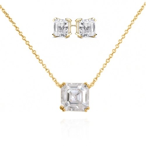 Bling Jewelry Gold Vermeil Asscher Cut Diamond CZ Solitaire Necklace & Earrings Set