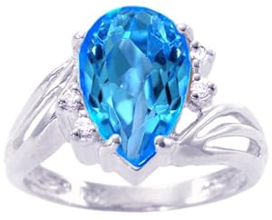 14K White Gold Pear Gemstone and Diamond Ring-Swiss Blue Topaz, size5.5