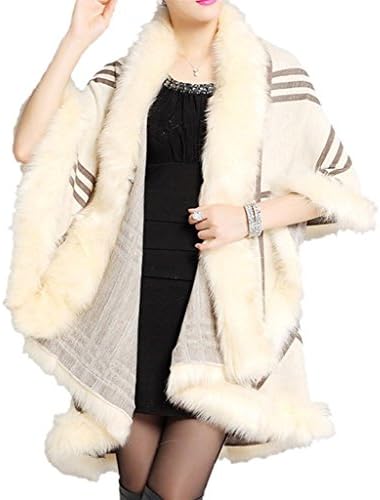 Women's Wool Blend Plaid Long Cloak with Faux Fox Fur Collar Beige White