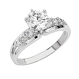 .925 Sterling Silver Round-cut CZ Cubic Ziconia Solitaire with side-stone Ladies Wedding Engagement Ring Band (Size 5 to 9)