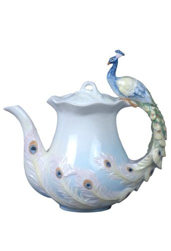 8 inchPale Blue Porcelain Peacock Tea Pot with Peacock Tail Handle