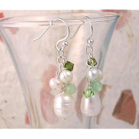 Sterling Silver Pearls, Swarovski Crystals, and Green Stones Cluster with Pearl Drop Earrings
