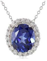 Sterling Silver Synthetic Blue and White Corundum Oval Pendant Necklace, 18"