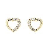 14K Yellow Gold Plated Open Heart CZ Stud Earrings with Screw-back for Children & Women
