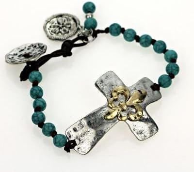 Womens Silver, Turquoise &amp; Gold Cross Stretch Bracelet with Fleur De LIS Emblem, Great for NEW Orleans Saints Fans.