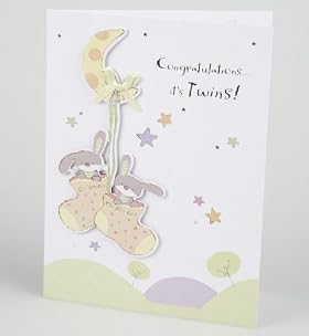 Twin Bunnies in Stockings New Baby Card