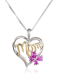XPY Sterling Silver and 14k Gold Gemstone with Diamond-Accent Butterfly Mom Heart Pendant Necklace, 18"