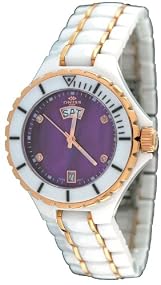 Oniss #ON8015-LDDRG6 Womens Midsize Rose Gold Trim White Ceramic Watch (Purple MOP Dial)