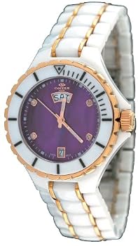 Oniss #ON8015-LDDRG6 Womens Midsize Rose Gold Trim White Ceramic Watch (Purple MOP Dial)