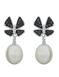 14k White Gold 0.2ct Ribbon Pave Black Diamond & White 9MM Pearl Dangle Earrings