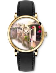SPRAWL Aanalog Fashion Series Gold Ladies Watches of Genuine Black Leather Strap,Unique Wrist Watch for Women Girls Designed with Homes on Lakefront