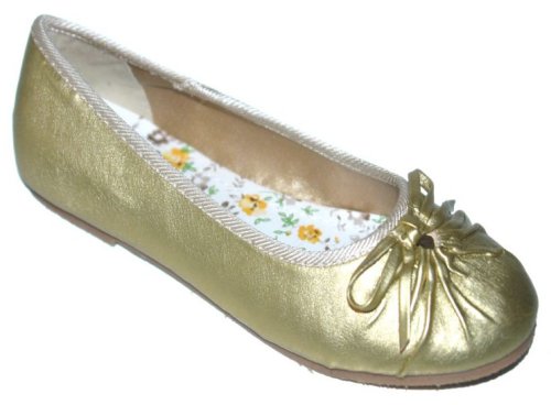 Womens Gold Metallic Gathered Toe Bow Flats