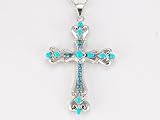 Silver Tone Blue Turquoise Aqua Crystal Rhinestone Holy Cross Necklace Pendant