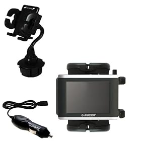 Amcor Navigation GPS 3600 3600B Auto Cup Holder with Car Charger - Uses Gomadic TipExchange