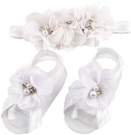 Tevies® 1 Set Baby Girl Foot Flower Barefoot Sandals + Flower Headband (White)