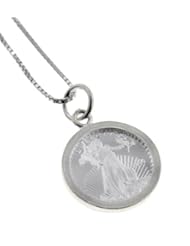 Sterling Silver Framed .999 Pure Silver Miniature Walking Liberty Style Millenium Coin Charm Pendant with 18" Box Chain Necklace