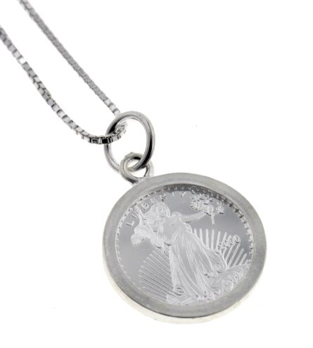 Sterling Silver Framed .999 Pure Silver Miniature Walking Liberty Style Millenium Coin Charm Pendant with 20 Box Chain Necklace