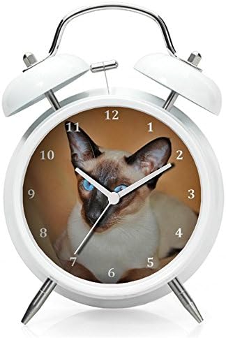 Twin Bell Analog Alarm Clock - Loud Alarm Clock (White) - Custom pattern Attentive Siamese Cat