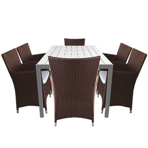7tlg. Gartengarnitur Alu/Non Wood Tisch 150×90cm + Rattansessel in Braun