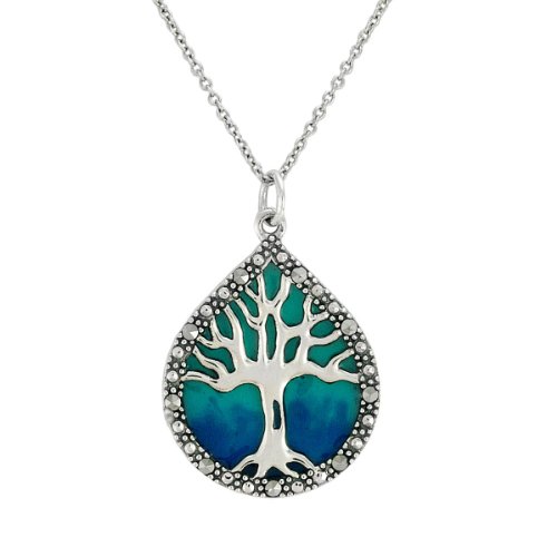 Sterling Silver Marcasite and Blue Epoxy Tree of Life Pendant, 18"