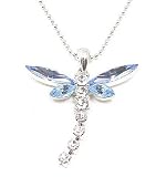 Beautiful Large Blue and Ice Crystal Dragonfly Charm Necklace Silver Tone Tail Moves