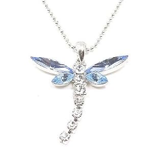 Beautiful Large Blue and Ice Crystal Dragonfly Charm Necklace Silver Tone Tail Moves