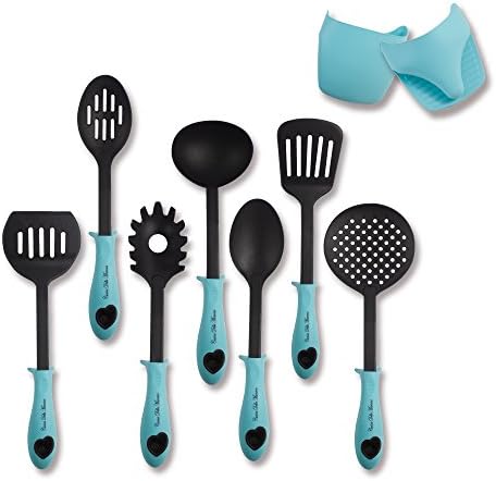 Kitchen Utensil Set- Plus A Set Of 2 Heat Resistant Silicone Gloves- 7 Non-Stick Cooking Utensils: Skimmer, Soup Ladle, Slotted Spoon, Solid Server, Pasta Server, 2 Turners, 2 Silicone Gloves