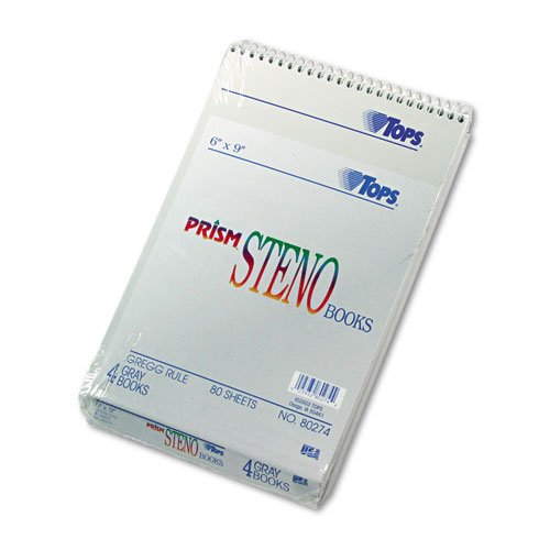 TOPS® - Spiral Steno Notebook, Gregg Rule, 6 x 9, Gray, 4 80-Sheet Pads/Pack - Sold As 1 Pack - Letr-Trim® perforations for a clean tear.