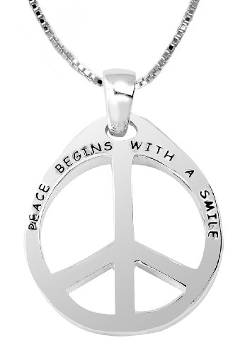 Sterling Silver “Peace Begins With A Smile” Peace-Sign Pendant, 18″