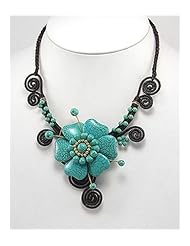 Flower Cotton Waxed Thread Semi GemStone Beads Necklace In Brass