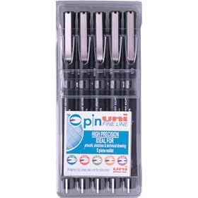 Uni Pin Drawing Pens,  Pack of 5 Assorted Tip Sizes, Black Ink