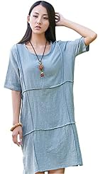 Above the Knee Cotton/Linen General Print Round Neck Vintage Slit Short Sleeves  Dress