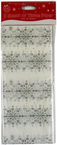 Christmas Printed Tissue Paper - White, Silver Snowflake - 5 Sheets, 26.7' x 19.7' and 10 Circle Stickers