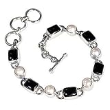 Sterling Silver 18 Ct. Black Onyx and Freshwater Pearl Bracelet, Adjustable Size, Custom Designed