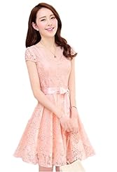 Round Neck Summer Short Sleeves  Lace Mini Dress  With a Bow(s)