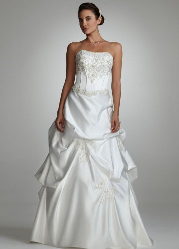 David's Bridal Wedding Dress: Strapless Beaded Corset Gown with Pick Up Skirt Style 123322