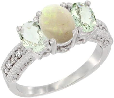 World Jewels 14K White Gold Ladies Oval Natural Opal With Green Amethyst Sides Ring, Size 9.5