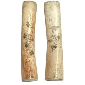 Natural bone scrimshaw etched chinese scroll weights - pair