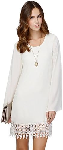 Summer Jun Women's Long Sleeve Chiffon A-line Lace Stitching Trim Mini Dress White XS