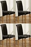 Set of 4 Faux Leather Scroll Top Dining Chairs Brown With Padded Seat & Oak Finish Legs