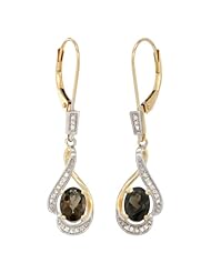 14k Gold 3/4 in. (19mm) tall Lever Back Dangle Earrings, w/ 0.13 Carat Brilliant Cut Diamonds & 2.40 Carats Oval Cut 7x5mm Smoky Topaz Stones